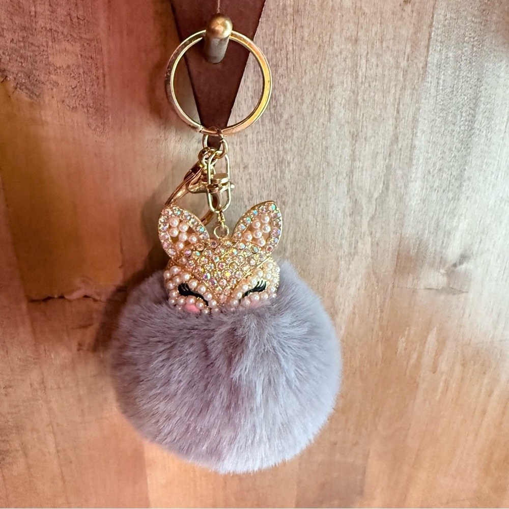 Gray Fox Pom Pom Purse Charm, Key Chain